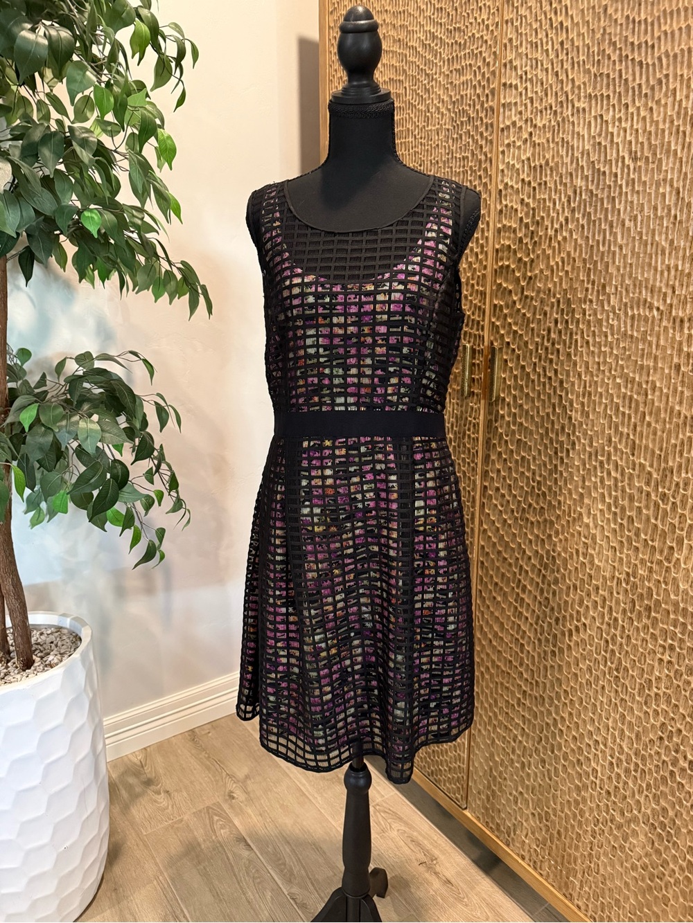 Jessica Simpson Black Grid Overlay Mini Dress with Purple Floral Underlay
